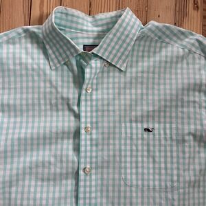 Vineyard Vines Mens XL Gingham Button Down Shirt Teal White Long Sleeve Tucker